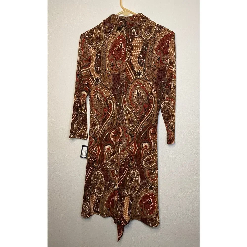 Tommy Hilfiger Paisley Shirtdress Women’s 10 Brown Polyester Belted Boho NWT